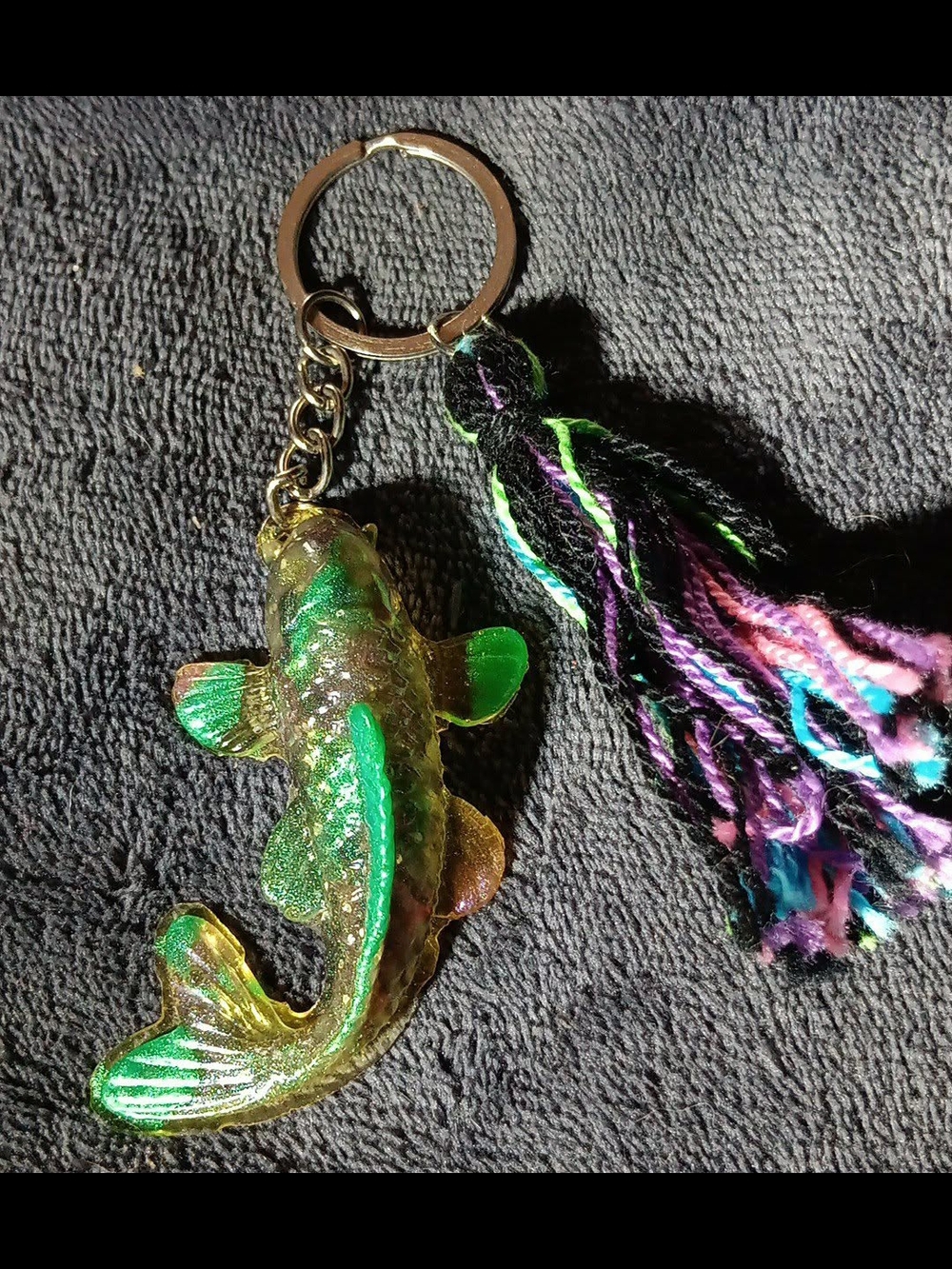 Galaxy Fish Keychain Green Purple Black Amethyst Rose Petals Chamomile Tassel